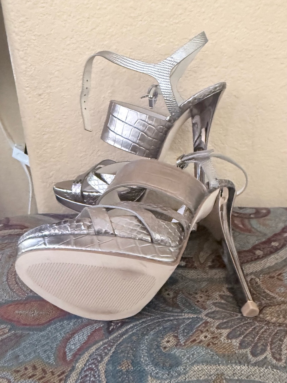 Michael Kors Metallic Silver Croc-Textured Stiletto Sandals